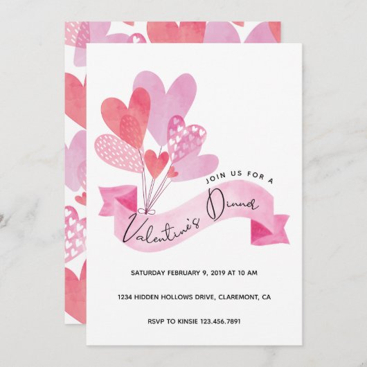 バレンタインディナー招待状とハート風船 セーブザデート (正面/裏面)