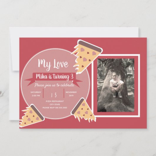 バレンタインデイピザパーティーキッズパーティー写真 招待状 (正面)