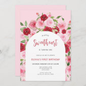 バレンタインデイピンクフローラアーチ誕生日 招待状 (正面/裏面)