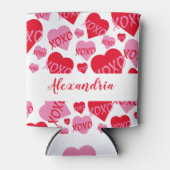 バレンタインデイピンク赤いハートXOXOパターンホワイト 缶クーラー (正面)