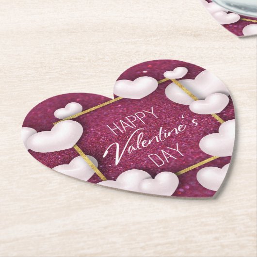 バレンタインデイホワイトハートグリッター紙コースター ペーパーコースター (アングル)