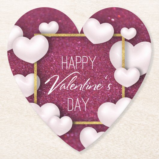 バレンタインデイホワイトハートグリッター紙コースター ペーパーコースター (正面)