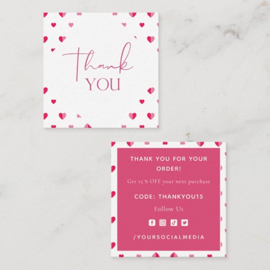 バレンタインデイロマンチックピンク赤いハートサンキュー スクエア名刺 (正面/裏面)