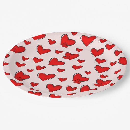 バレンタインデイロマンチック赤いハートホリデーピンク ペーパープレート (アングル)
