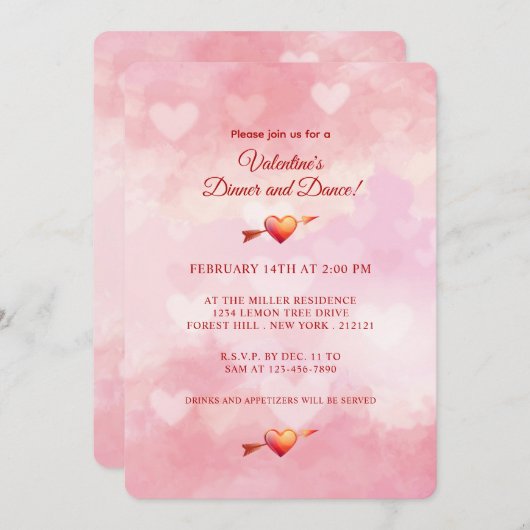 バレンタインデイロマンティックピンクハート招待状 招待状 (正面/裏面)