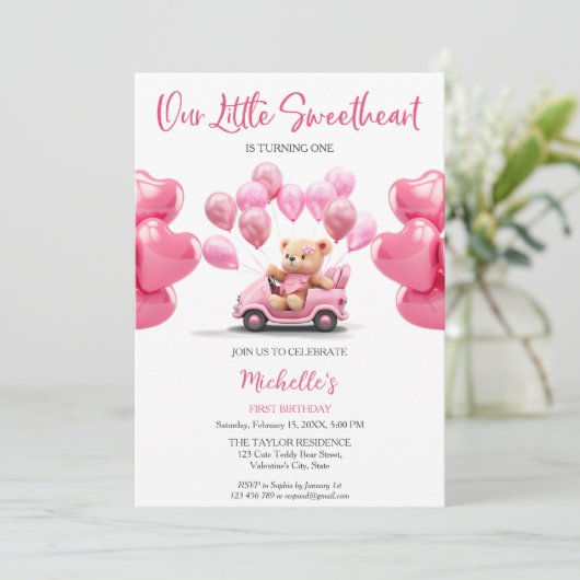 バレンタインデイースウィートピンクハートテディベア 招待状 (スタンド正面)