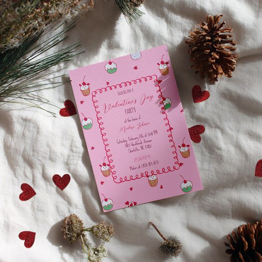 バレンタインデザート - チェリーカップケーキ＆ラブハーツ 招待状