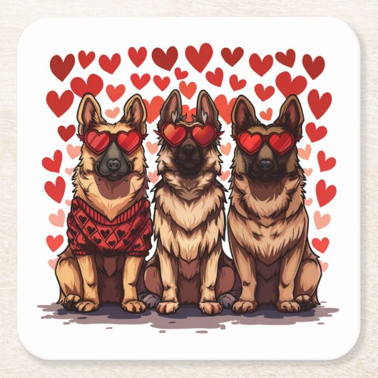 バレンタインデドイツ羊飼い犬 スクエアペーパーコースター (正面)