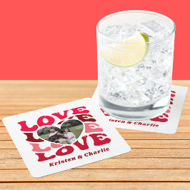 バレンタインデラブカップルカスタムフォトドリンク スクエアペーパーコースター