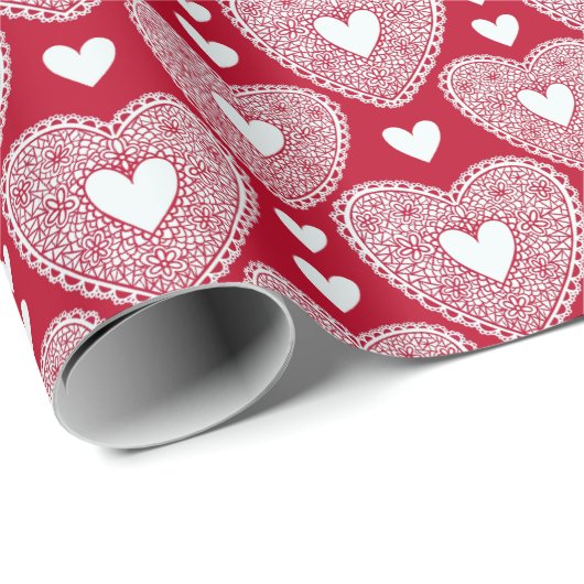 バレンタインデレッドレースハート模様 ラッピングペーパー (ロールコーナー)