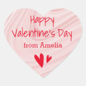 バレンタインデーおめでとうございます 名前 ピンクのサテンの渦 ハートシール (正面)