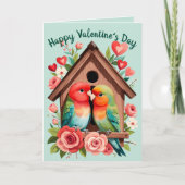 バレンタインデーかわいいオウム夫婦ハート シーズンカード (正面)