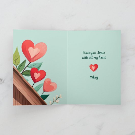 バレンタインデーかわいいオウム夫婦ハート シーズンカード (内部)