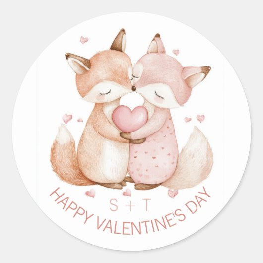 バレンタインデーかわいいキツネカップルカスタムイニシャル ラウンドシール (正面)