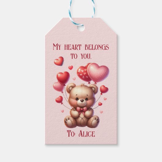 バレンタインデーかわいいクマが気球を持ち ギフトタグ (正面)