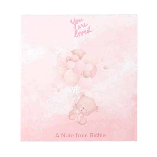バレンタインデーかわいいテディベアとピンクバルーン ノートパッド (正面)