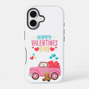 バレンタインデーかわいいハートピンクトラックテディベア iPhone 16ケース