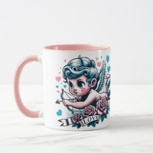 バレンタインデーかわいいピンクティール(緑がかった色)キューピッド マグカップ