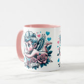 バレンタインデーかわいいピンクティール（緑がかった色）キューピッド マグカップ (正面左)