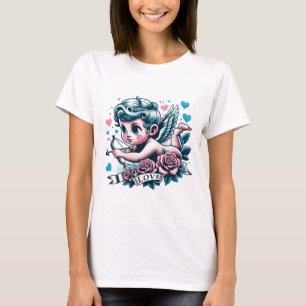 バレンタインデーかわいいピンクティール(緑がかった色)キューピッド Tシャツ
