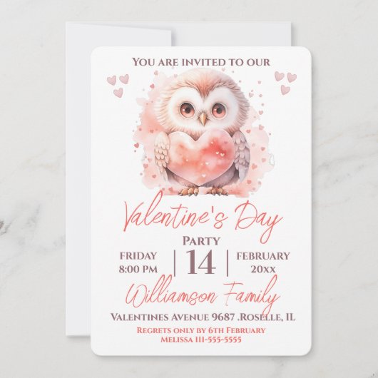 バレンタインデーかわいいフクロウとハートパーティー 招待状 (正面)
