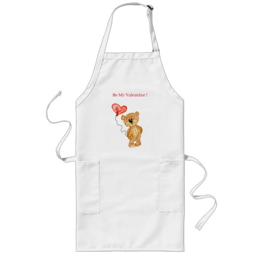 バレンタインデーかわいい水の色テディエプロン ロングエプロン (正面)