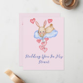 バレンタインデーかわいい水色のウサギと風船 ノートカード (正面/裏面インサイチュ)