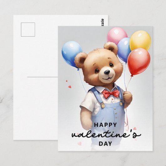 バレンタインデーかわいい水色クマとバルーン|過去記事 ポストカード (正面/裏面)
