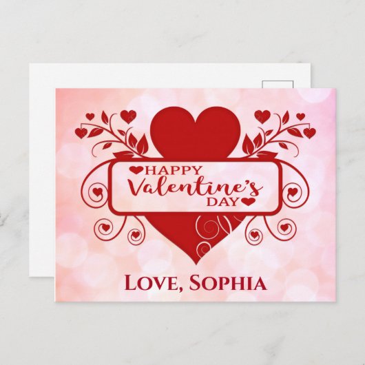 バレンタインデーかわいい赤ピンクのハート追加の名前 ポストカード (正面/裏面)