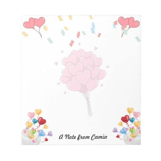 バレンタインデーかわいらし赤いハートバルーン ノートパッド (正面)