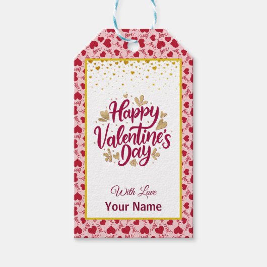 バレンタインデーと赤いイニシャルと金ゴールドハート ギフトタグ (正面)