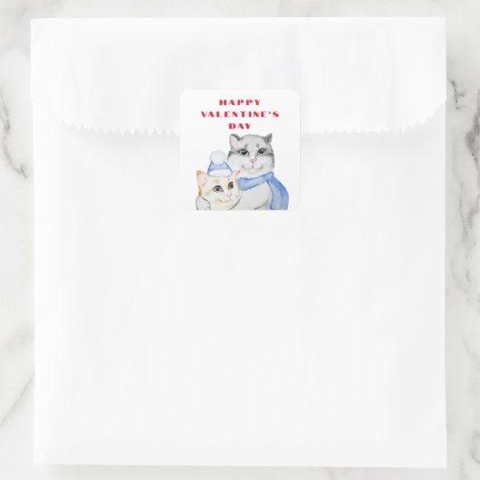 バレンタインデーにかわいい水色の猫 スクエアシール (バッグ)