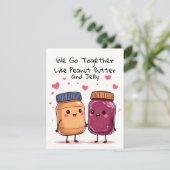 バレンタインデーにぴったりなカード！ハートと一緒に手をつないだピーナッツバターとジャムの瓶のイラスト シーズンカード (スタンド正面)