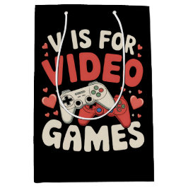 バレンタインデーにぴったり!ゲーマー向けのユーモラスなデザイン「Vはビデオゲームの略」 ミディアムペーパーバッグ
