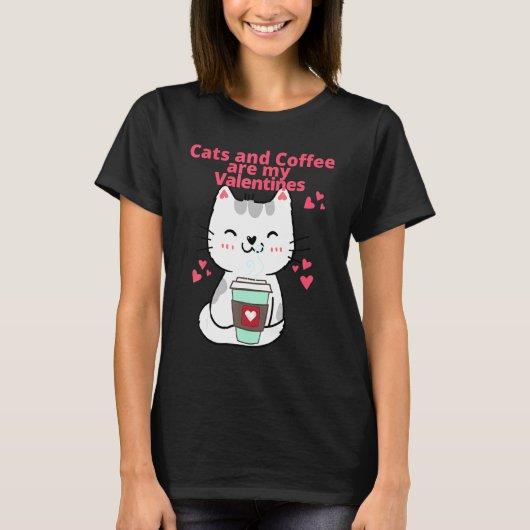 バレンタインデーに幸せな猫のコーヒー Tシャツ (正面)
