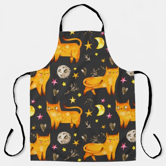バレンタインデーに猫や星が縫い合わさった模様 エプロン (正面)