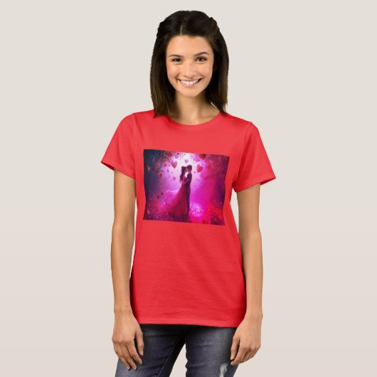 バレンタインデーに赤い服を着て踊る二人の若い恋人 Tシャツ (正面フル)
