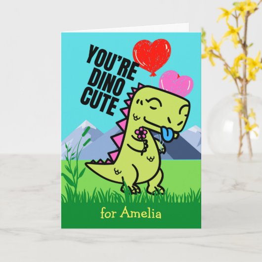 バレンタインデーのおばあちゃんかわいい恐竜 カード (黄色い花)
