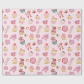 バレンタインデーのお菓子とカップケーキのピンク ラッピングペーパー (フラット)