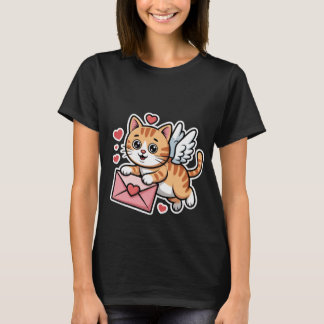 バレンタインデーのかわいいキューピッド猫のラブレターアート🐱💌 Tシャツ