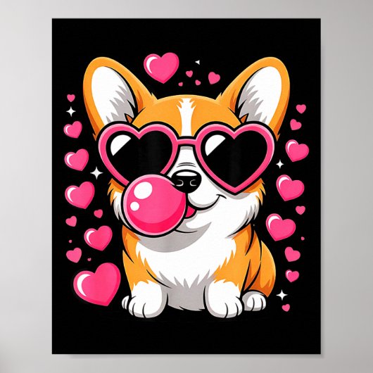 バレンタインデーのかわいいコーギー犬ハートサングラス付きの子犬 ポスター (正面)