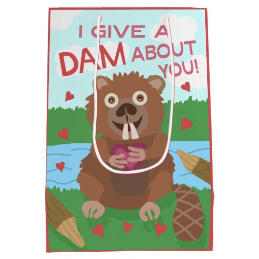 バレンタインデーのかわいいビーバーはおもしろいなダムのしゃれを与えます ミディアムペーパーバッグ (裏面)