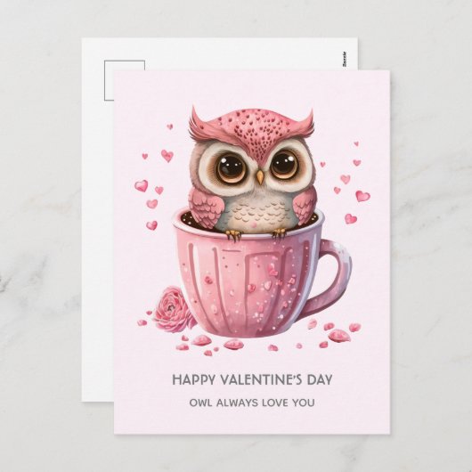 バレンタインデーのかわいいピンクのフクロウ シーズンポストカード (正面/裏面)