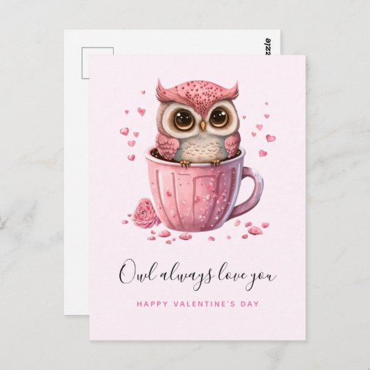 バレンタインデーのかわいいピンクのフクロウ ポストカード (正面/裏面)