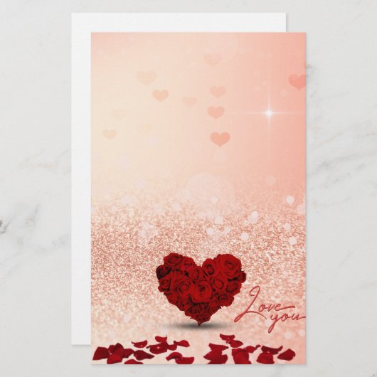 バレンタインデーのばら色のハートの花束-文房具 便箋 (正面/裏面)