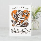 バレンタインデーのキュートなオレンジ色のハートのキューピッド シーズンカード (スタンド正面)