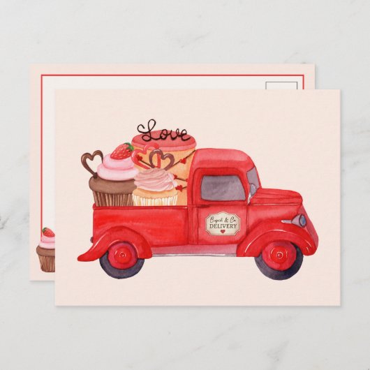 バレンタインデーのキューピッドのデリバリーレッドウォーター色トラック シーズンポストカード (正面/裏面)