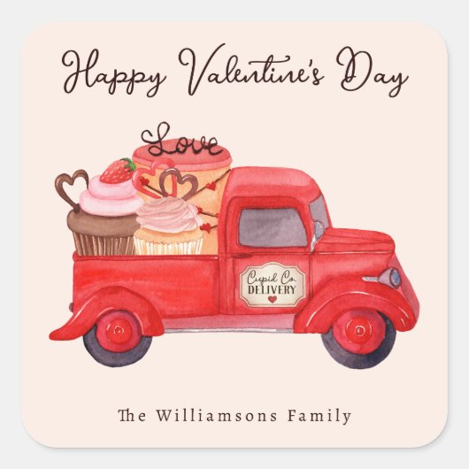 バレンタインデーのキューピッドのデリバリーレッドウォーター色トラック スクエアシール (正面)