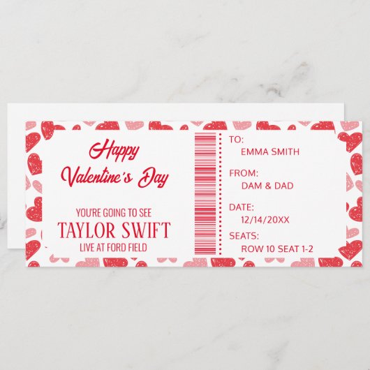 バレンタインデーのギフト券コンサートチケット 招待状 (正面/裏面)