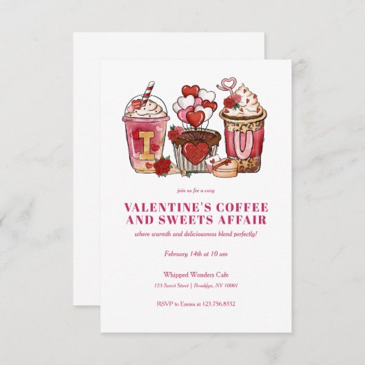 バレンタインデーのコーヒーカップとスイーツ 招待状 (正面/裏面)